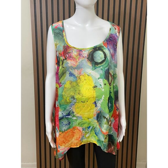 Lane Bryant Women's 14 Green Tank Polyester Tunic Hi-Low Hem Abstract Artsy Boho - Picture 1 of 9